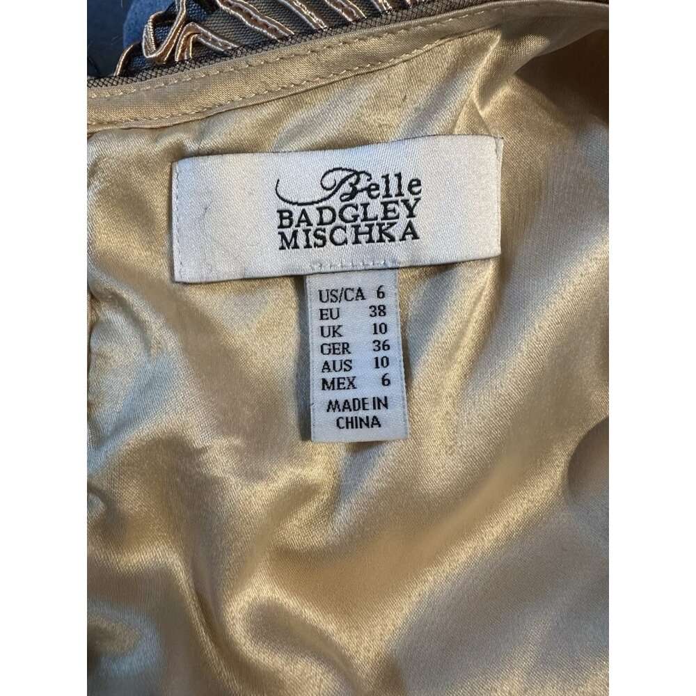Belle Badgley Mischka Sz 6 Champagne Gold Applique Floral Sheath Cocktail Dress - Picture 4 of 5